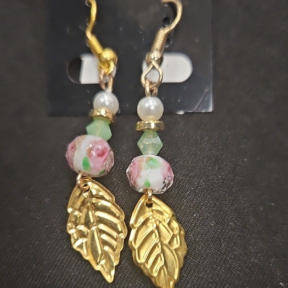 Gold Leaf Dangle Earrings with Green and Pink Accents